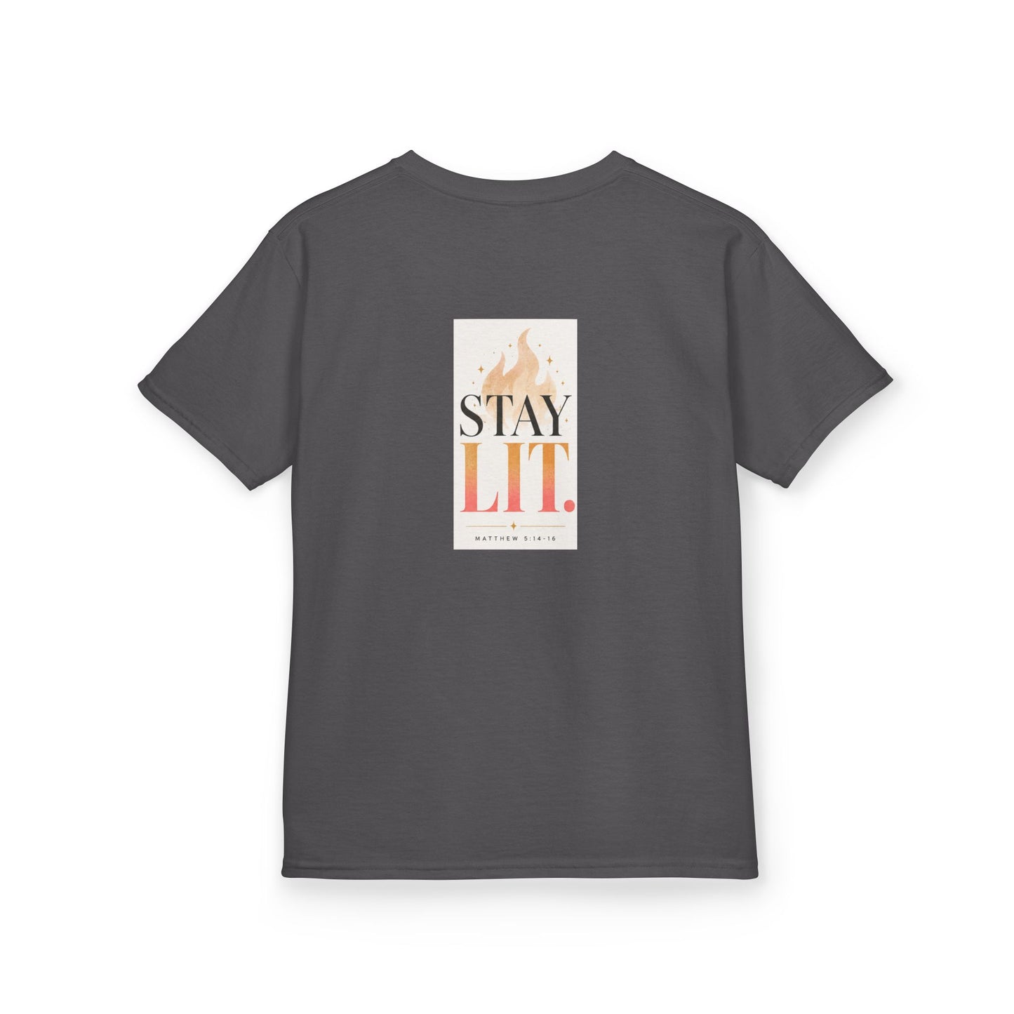 Kids T‑Shirt — "Ignite Light" Flame Graphic Tee | Stay Lit Back Design, Inspirational Youth Shirt