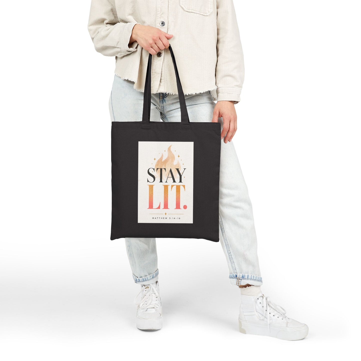 Ignite Light flame logo Tote Bag | Stay Lit flame typography Tote Bag