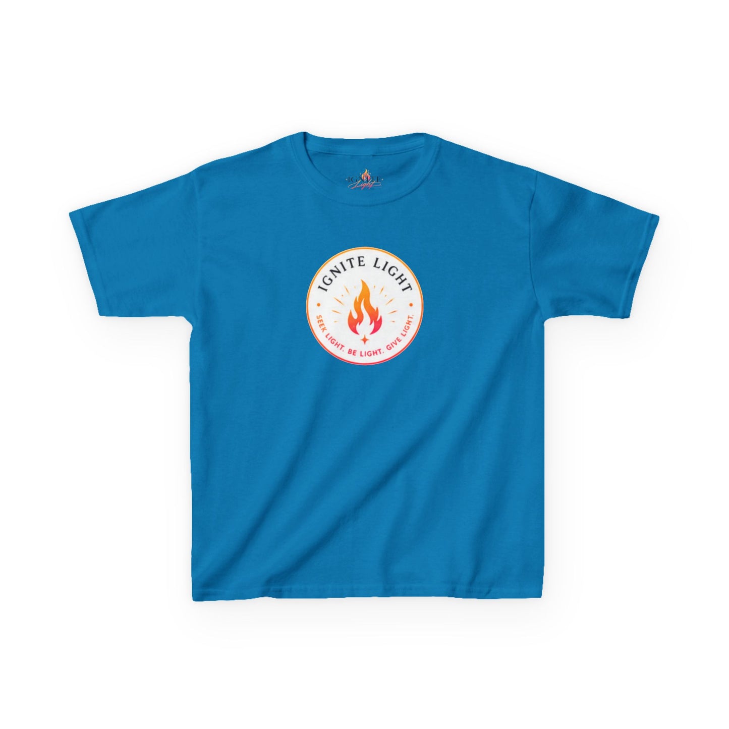Kids T‑Shirt — "Ignite Light" Flame Graphic Tee | Stay Lit Back Design, Inspirational Youth Shirt