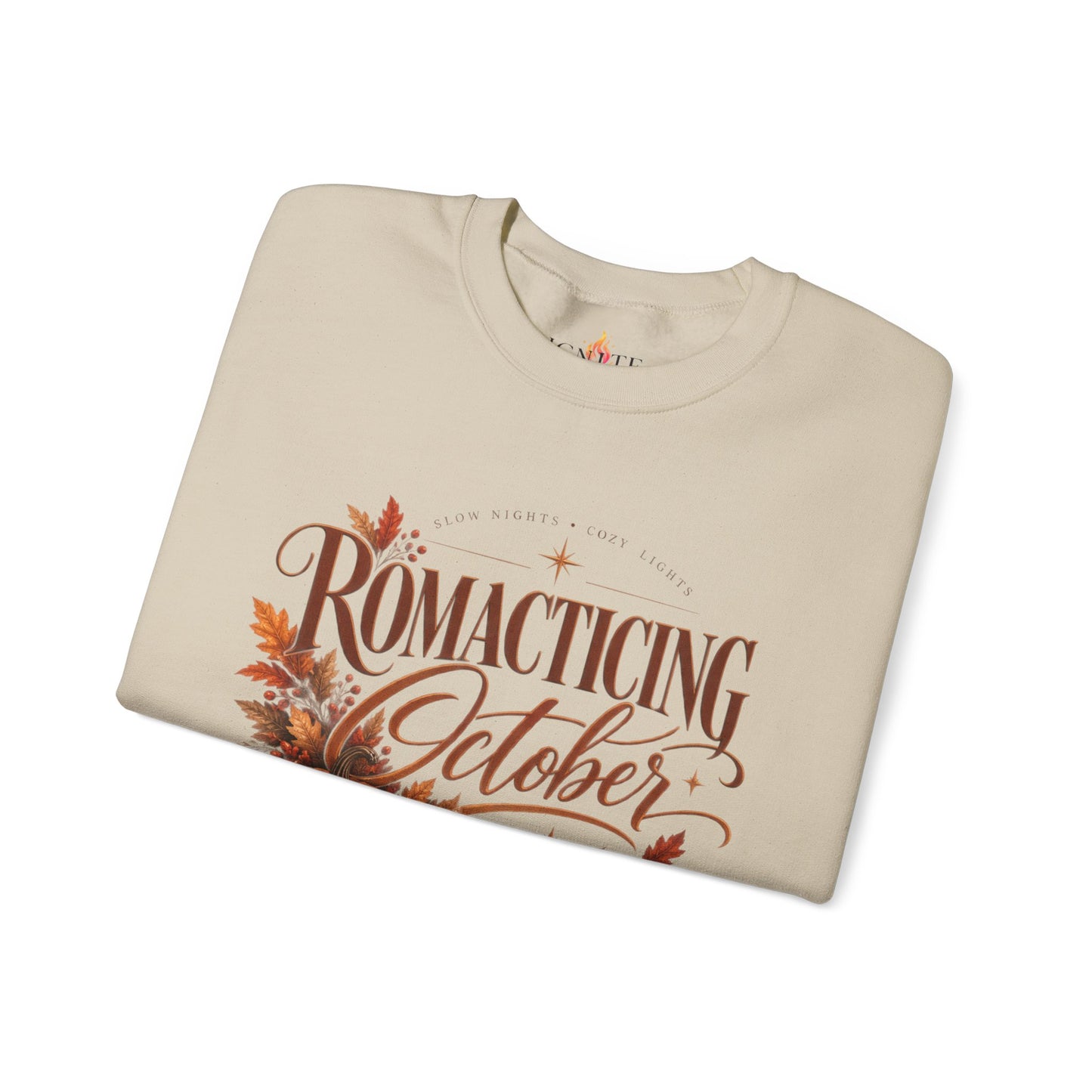 October Romance Sweatshirt — "Romanticizing October" Autumn Pumpkin Cozy Crewneck