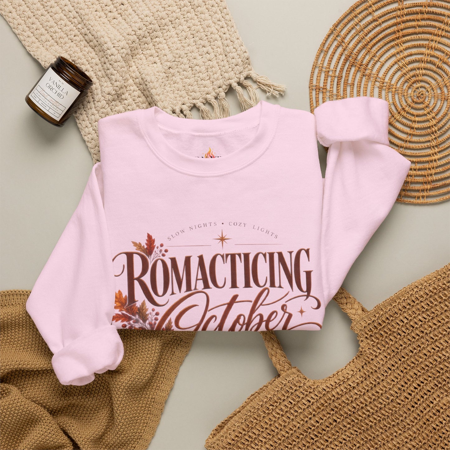 October Romance Sweatshirt — "Romanticizing October" Autumn Pumpkin Cozy Crewneck