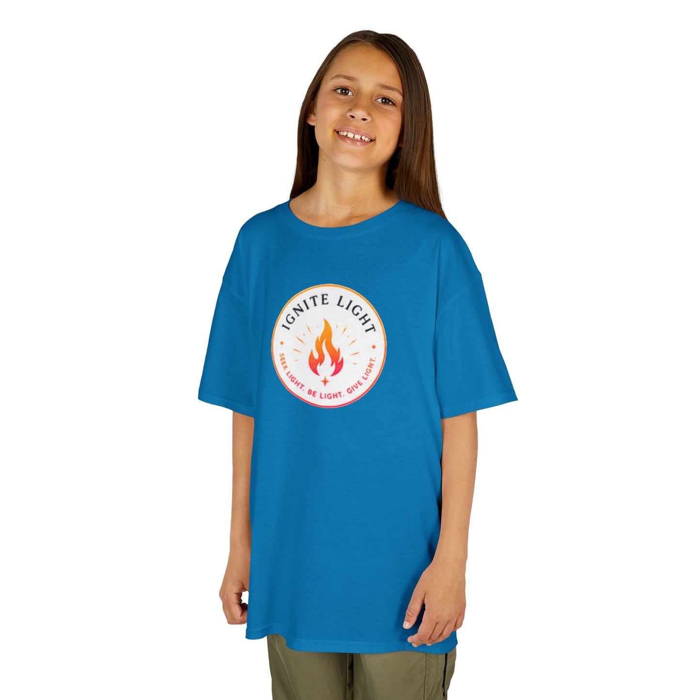 Kids T‑Shirt — "Ignite Light" Flame Graphic Tee | Stay Lit Back Design, Inspirational Youth Shirt