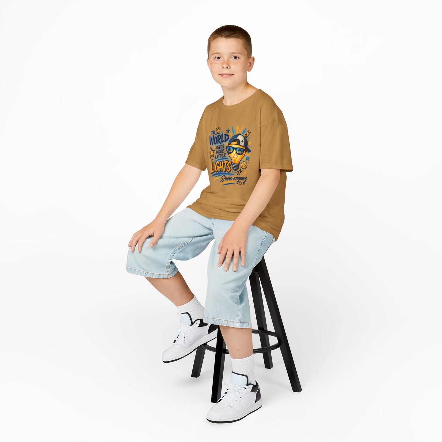 Kids T‑Shirt — "The World Needs More Little Lights" Cute Sunglasses Lightbulb Graphic