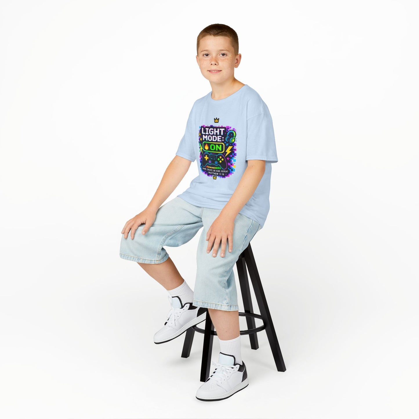 Kids Tee — 'Light Mode On' Neon Gamer Graphic Shirt