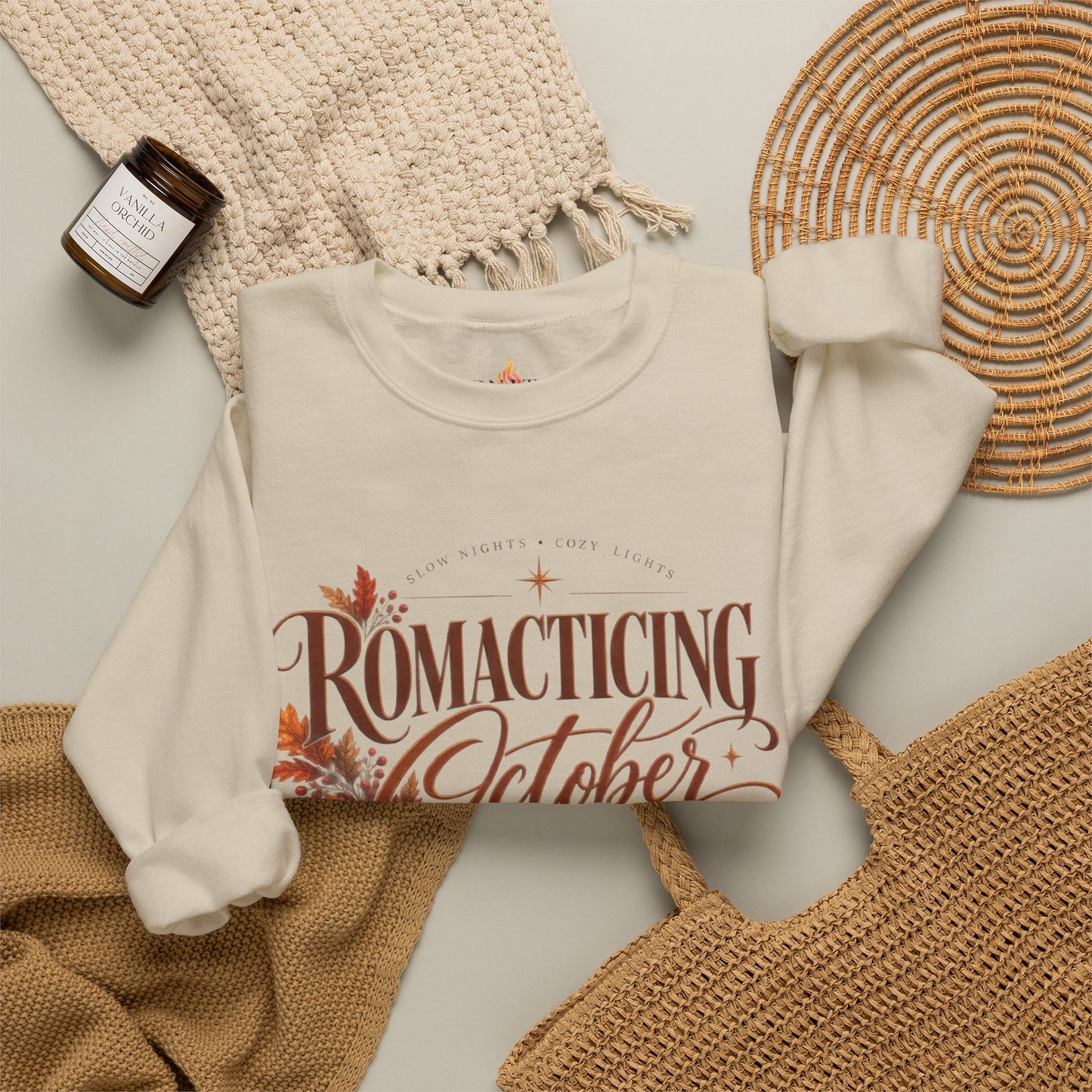 October Romance Sweatshirt — "Romanticizing October" Autumn Pumpkin Cozy Crewneck
