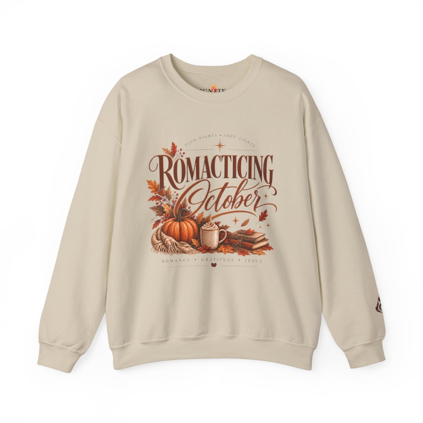 October Romance Sweatshirt — "Romanticizing October" Autumn Pumpkin Cozy Crewneck