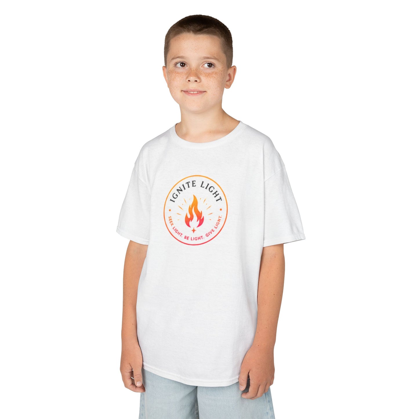 Kids T‑Shirt — "Ignite Light" Flame Graphic Tee | Stay Lit Back Design, Inspirational Youth Shirt