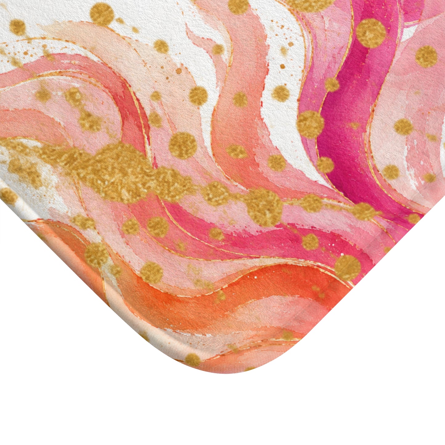 Pink Flame Watercolor Bath Mat — Abstract Gold Splatter Bathroom Rug