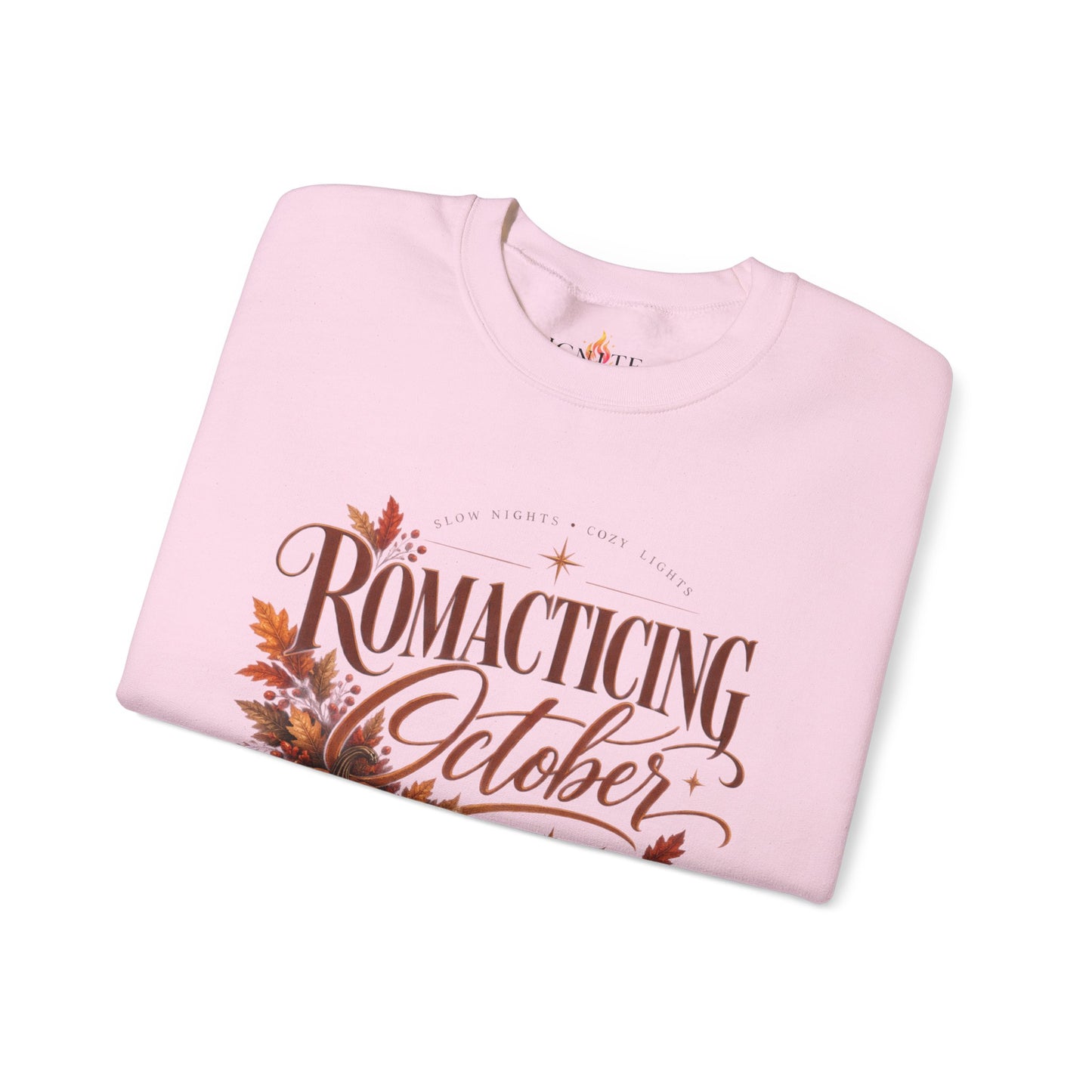 October Romance Sweatshirt — "Romanticizing October" Autumn Pumpkin Cozy Crewneck