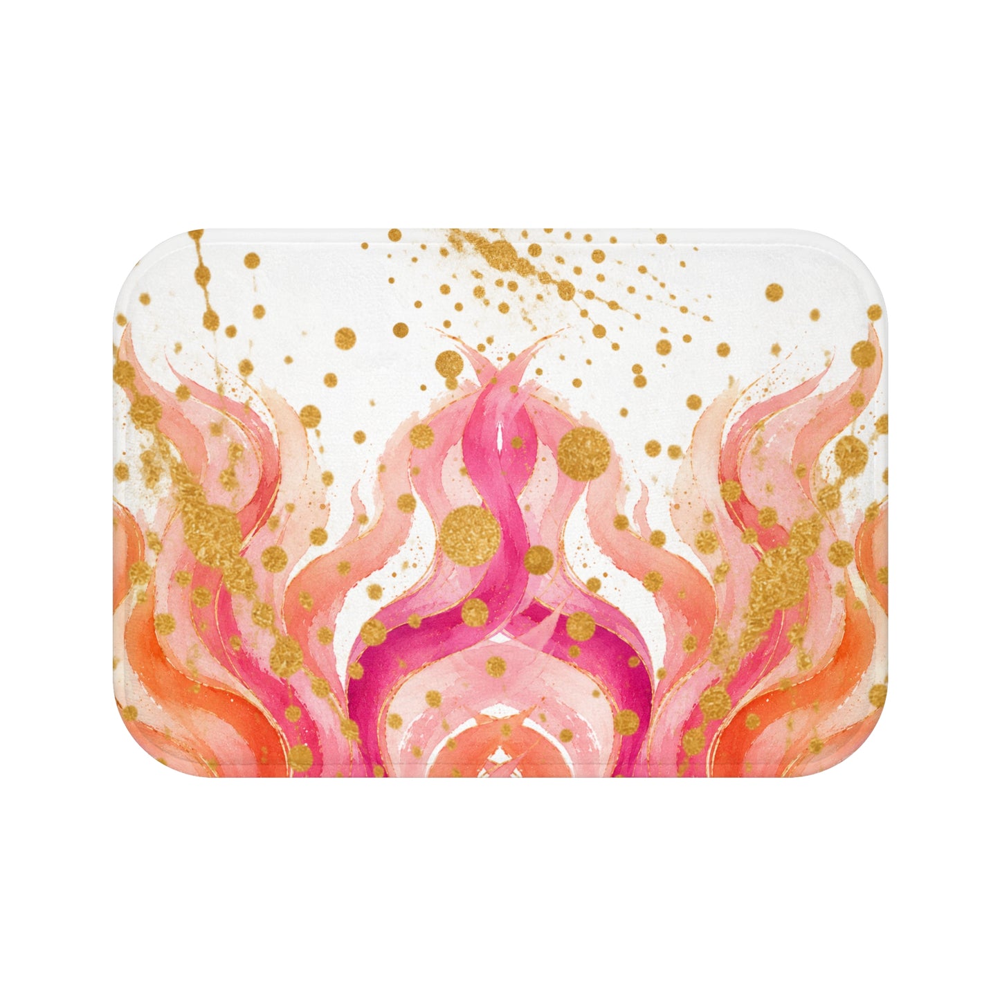 Pink Flame Watercolor Bath Mat — Abstract Gold Splatter Bathroom Rug