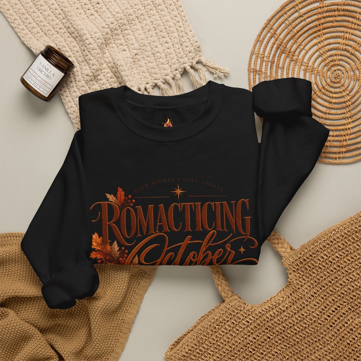 October Romance Sweatshirt — "Romanticizing October" Autumn Pumpkin Cozy Crewneck