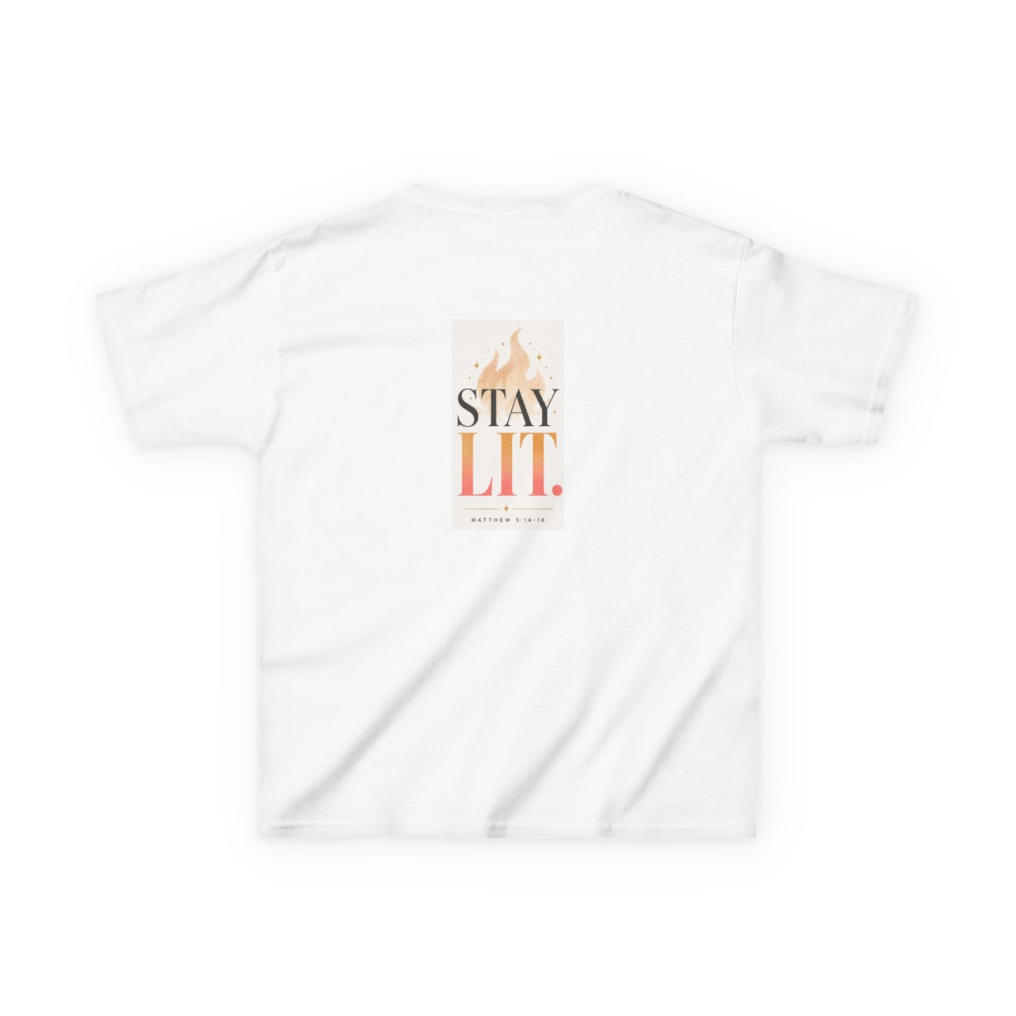 Kids T‑Shirt — "Ignite Light" Flame Graphic Tee | Stay Lit Back Design, Inspirational Youth Shirt