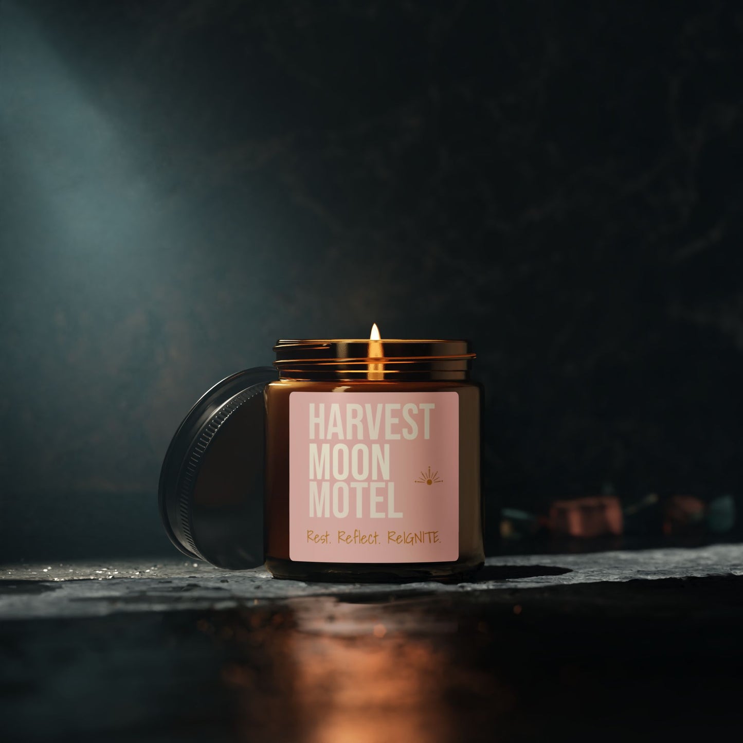 Harvest Moon Motel Scented Soy Candle — Amber Jar, Cozy Autumn Aromas