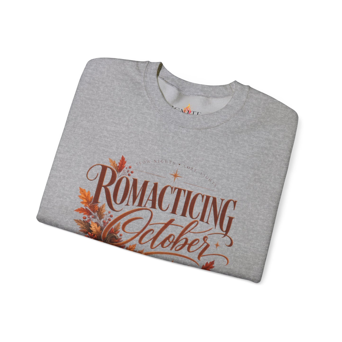 October Romance Sweatshirt — "Romanticizing October" Autumn Pumpkin Cozy Crewneck