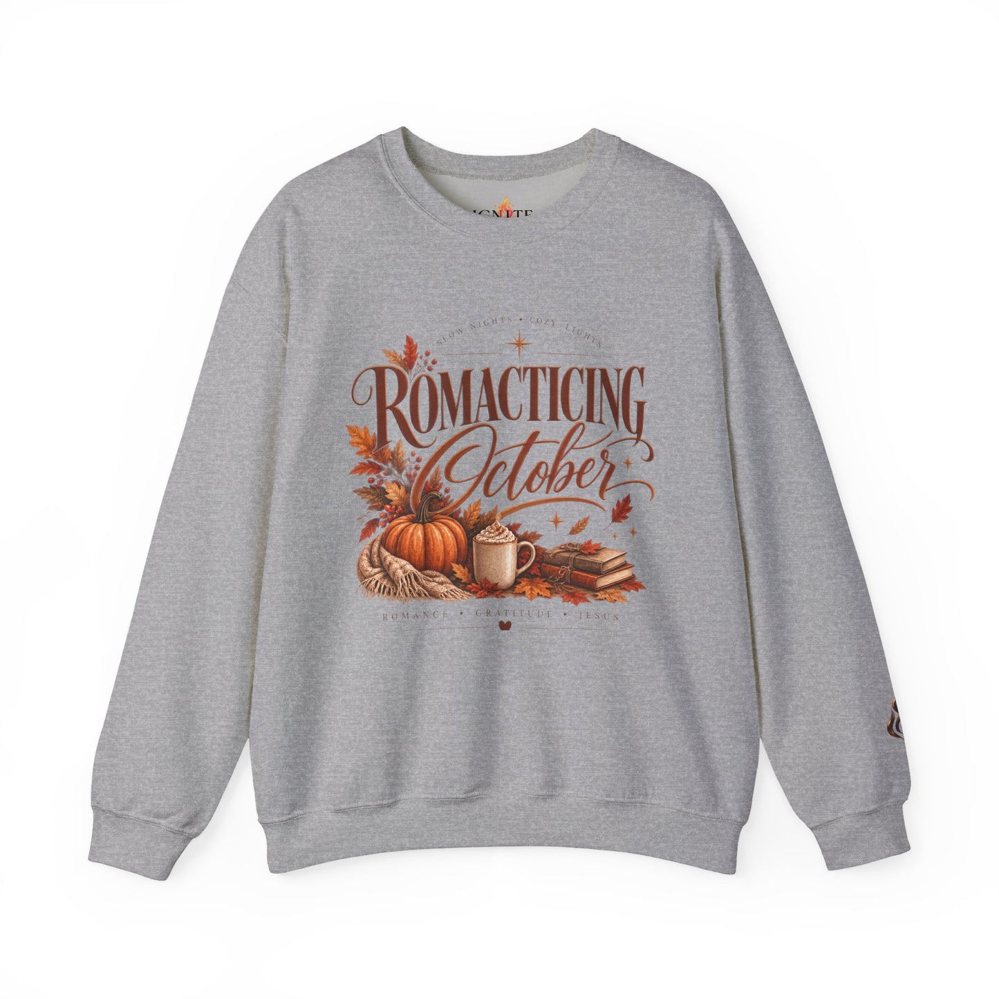 October Romance Sweatshirt — "Romanticizing October" Autumn Pumpkin Cozy Crewneck