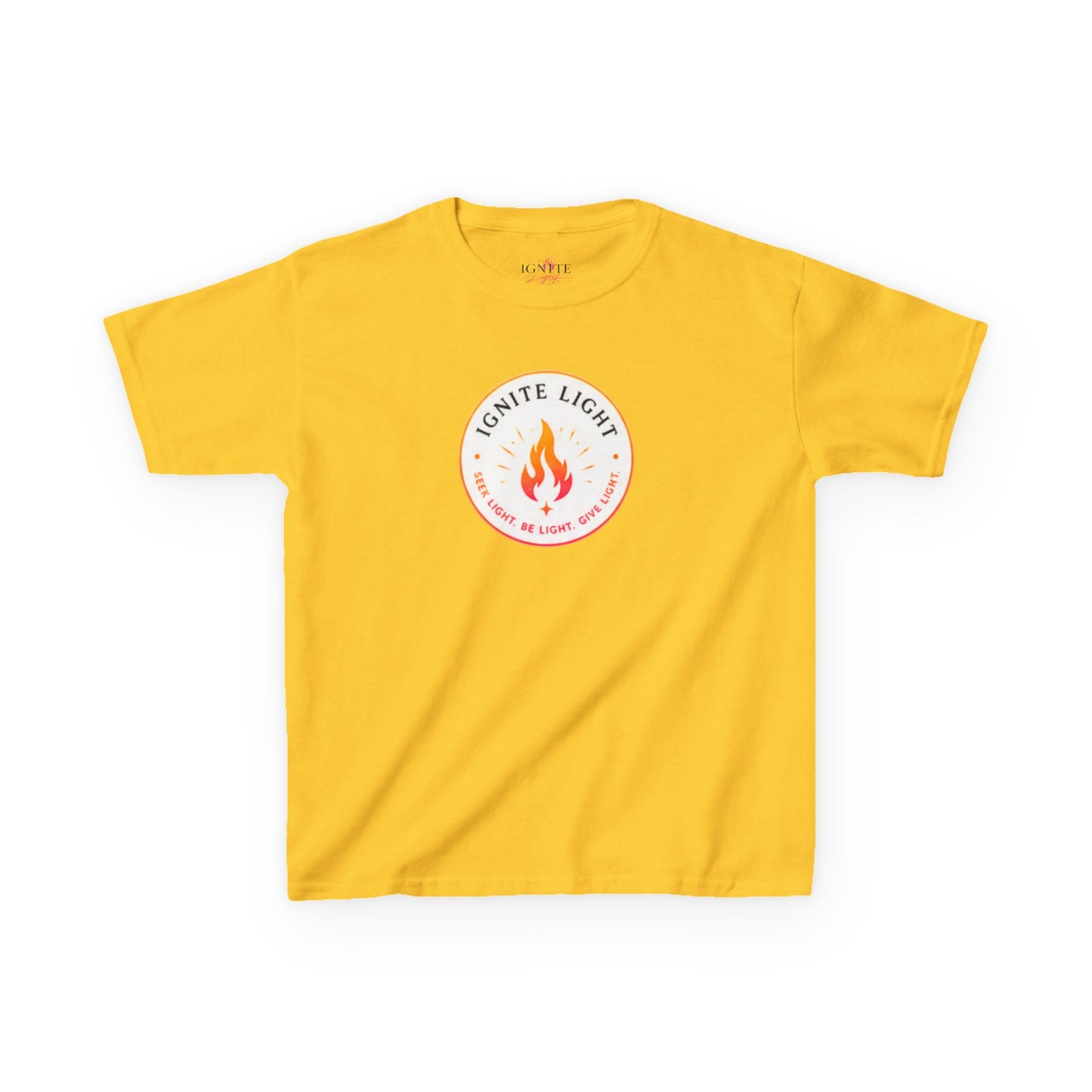 Kids T‑Shirt — "Ignite Light" Flame Graphic Tee | Stay Lit Back Design, Inspirational Youth Shirt
