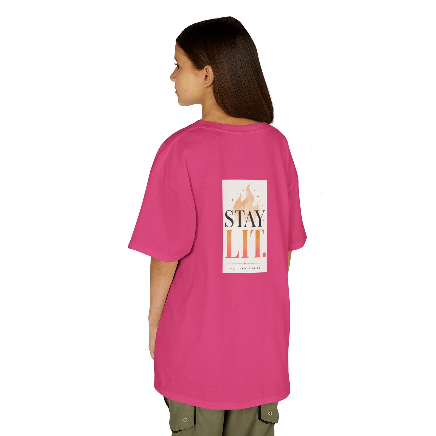 Kids T‑Shirt — "Ignite Light" Flame Graphic Tee | Stay Lit Back Design, Inspirational Youth Shirt