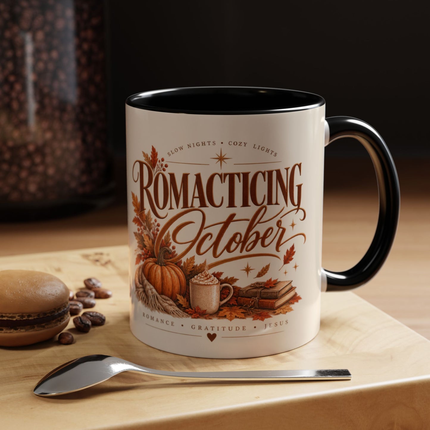 Romancing October Coffee Mug – Fall Pumpkin, Leaves & Cozy Autumn Vibes (11/15oz)
