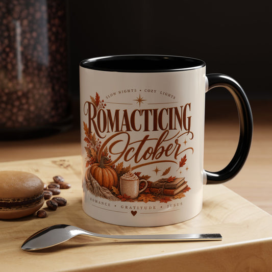 Romancing October Coffee Mug – Fall Pumpkin, Leaves & Cozy Autumn Vibes (11/15oz)
