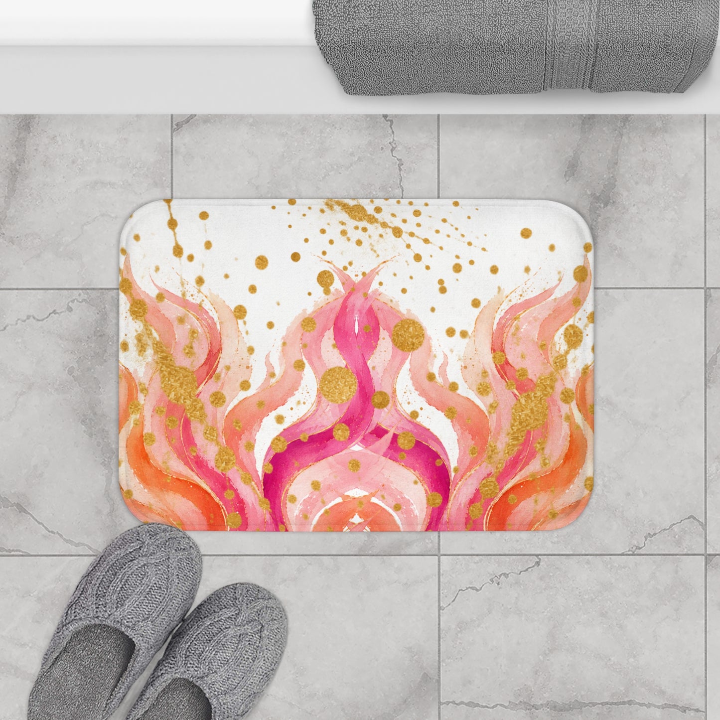 Pink Flame Watercolor Bath Mat — Abstract Gold Splatter Bathroom Rug