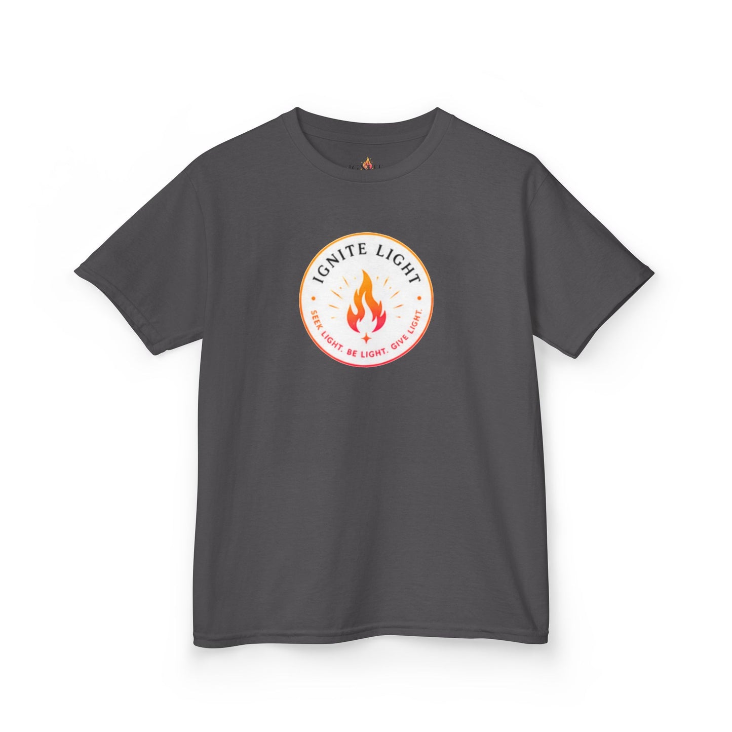 Kids T‑Shirt — "Ignite Light" Flame Graphic Tee | Stay Lit Back Design, Inspirational Youth Shirt
