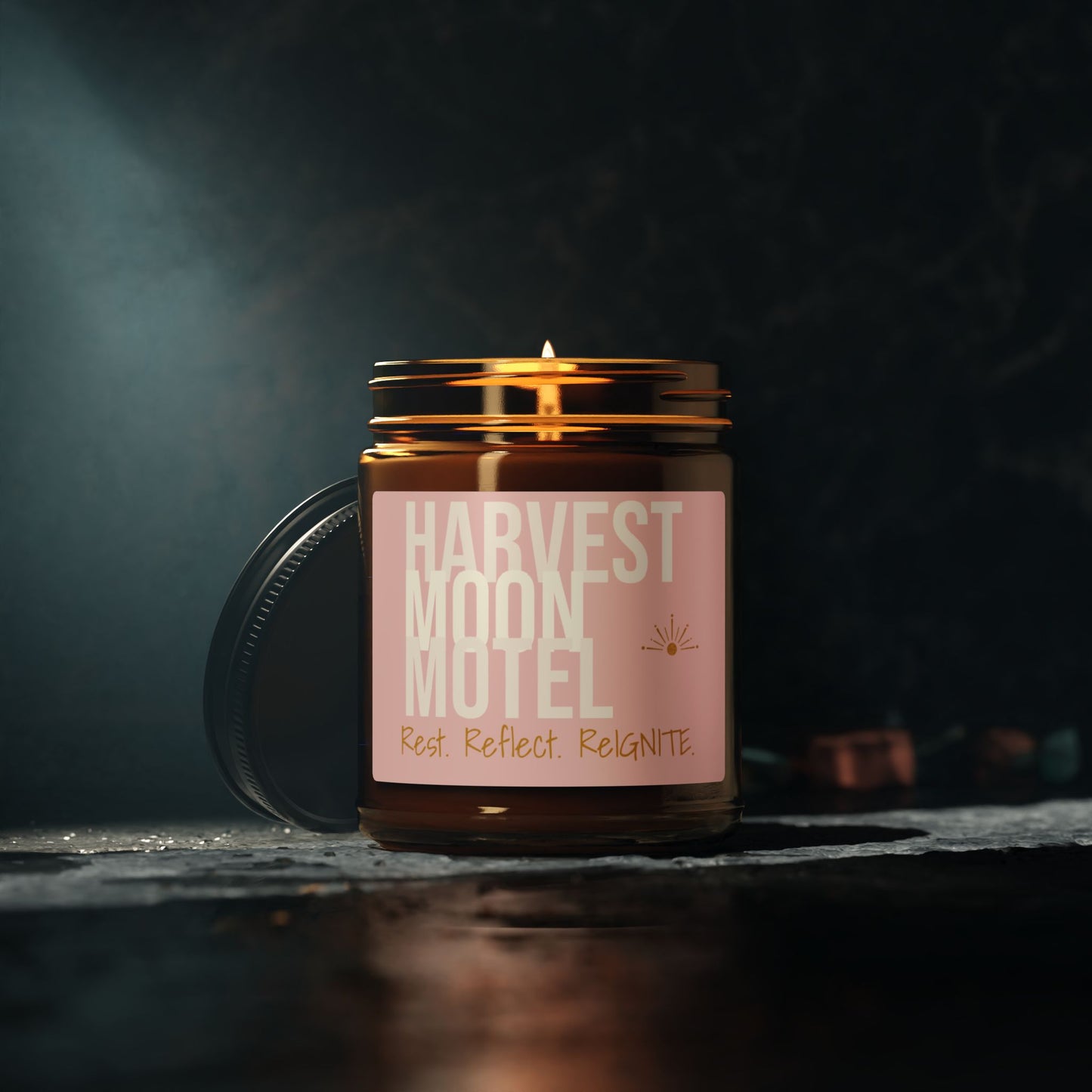 Harvest Moon Motel Scented Soy Candle — Amber Jar, Cozy Autumn Aromas
