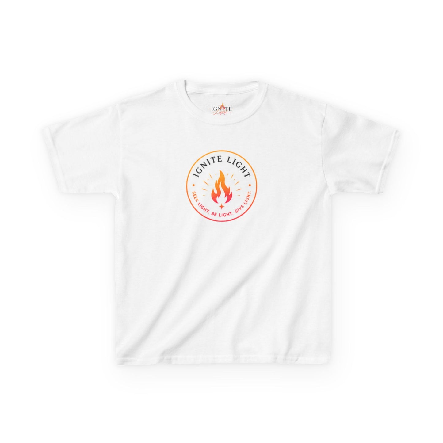Kids T‑Shirt — "Ignite Light" Flame Graphic Tee | Stay Lit Back Design, Inspirational Youth Shirt