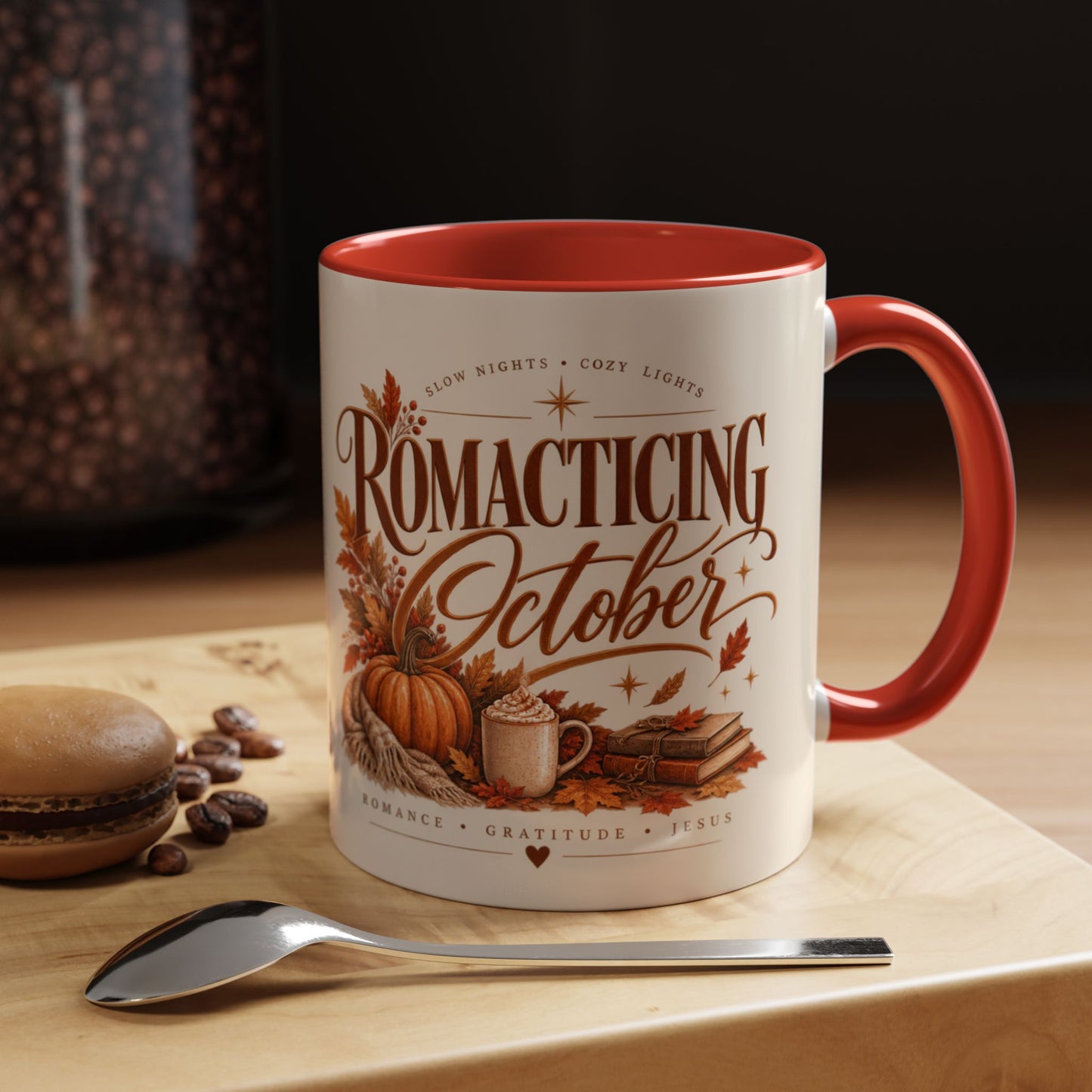 Romancing October Coffee Mug – Fall Pumpkin, Leaves & Cozy Autumn Vibes (11/15oz)