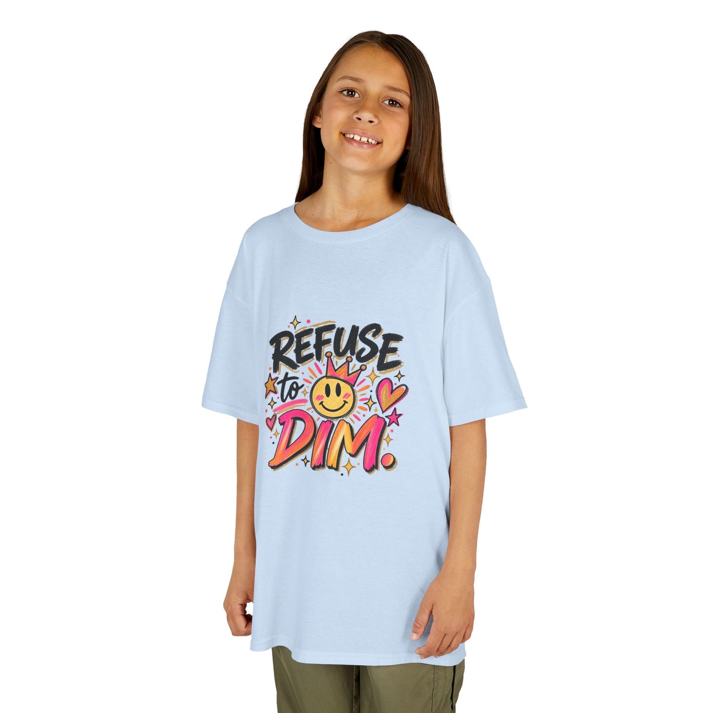 Kids T-Shirt — "Refuse to Dim" Smiley Graphic Tee, Positive Vibes Kids Shirt