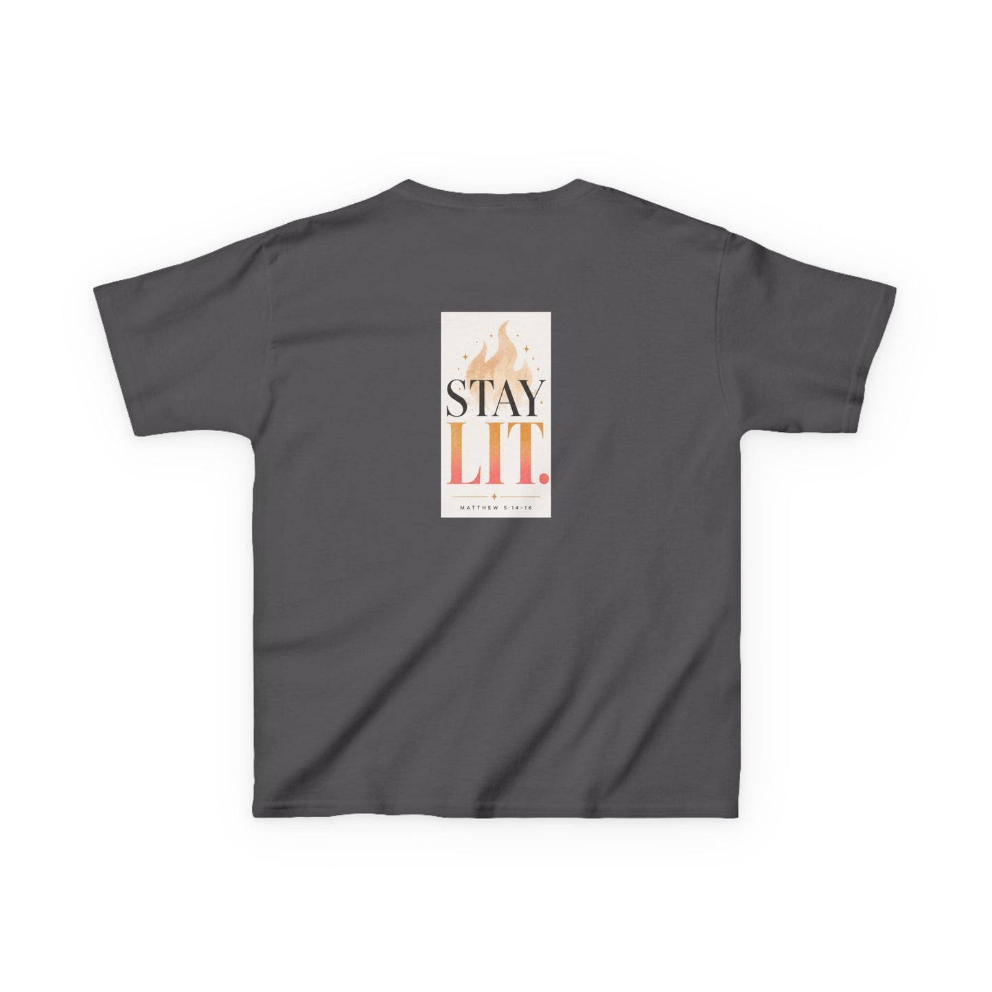 Kids T‑Shirt — "Ignite Light" Flame Graphic Tee | Stay Lit Back Design, Inspirational Youth Shirt