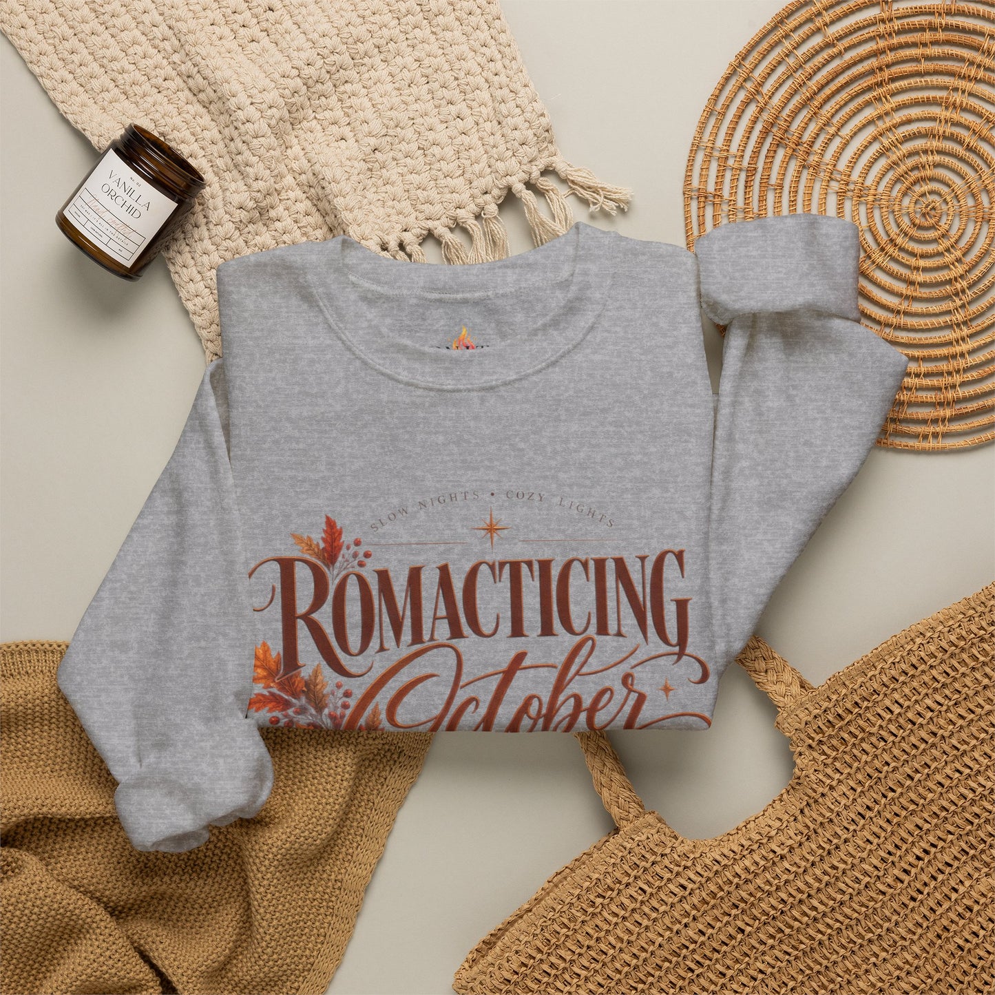 October Romance Sweatshirt — "Romanticizing October" Autumn Pumpkin Cozy Crewneck