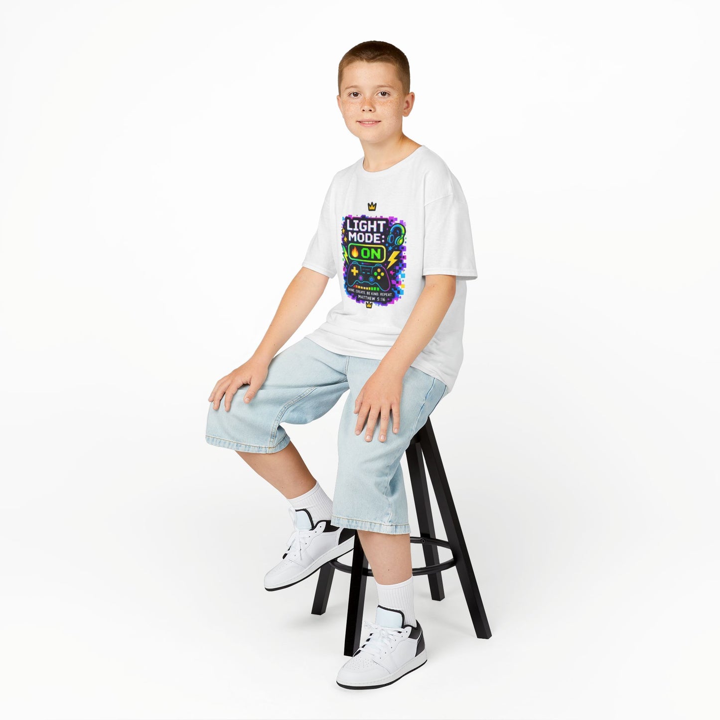 Kids Tee — 'Light Mode On' Neon Gamer Graphic Shirt