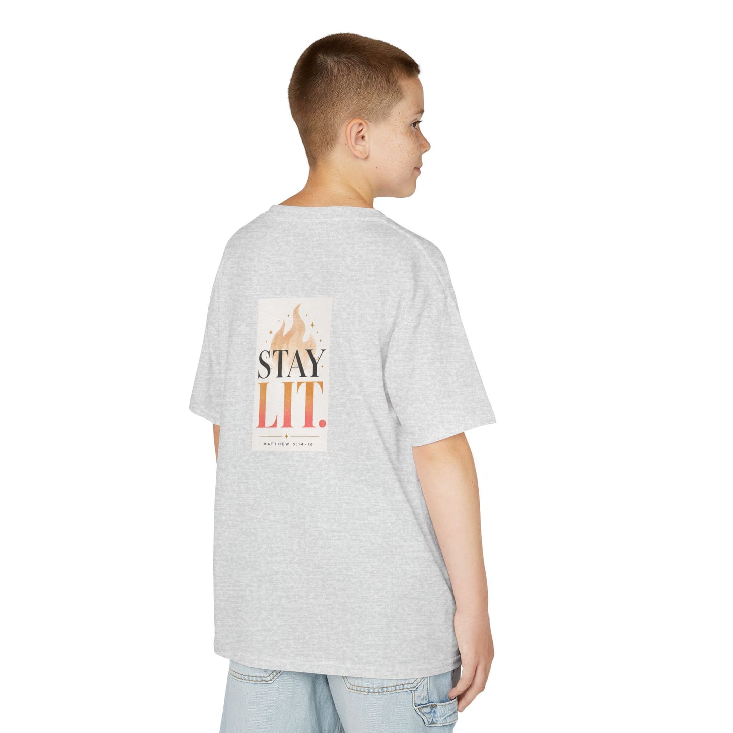 Kids T‑Shirt — "Ignite Light" Flame Graphic Tee | Stay Lit Back Design, Inspirational Youth Shirt