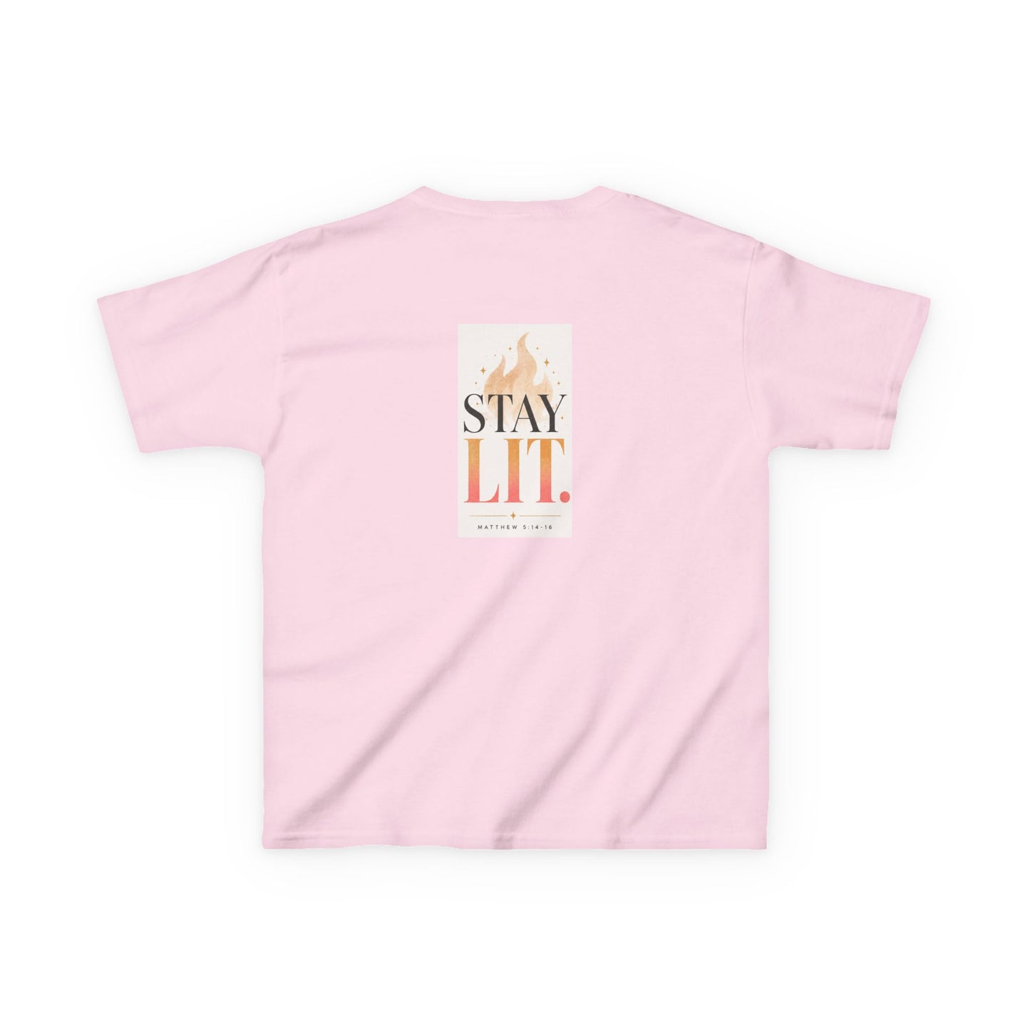 Kids T‑Shirt — "Ignite Light" Flame Graphic Tee | Stay Lit Back Design, Inspirational Youth Shirt