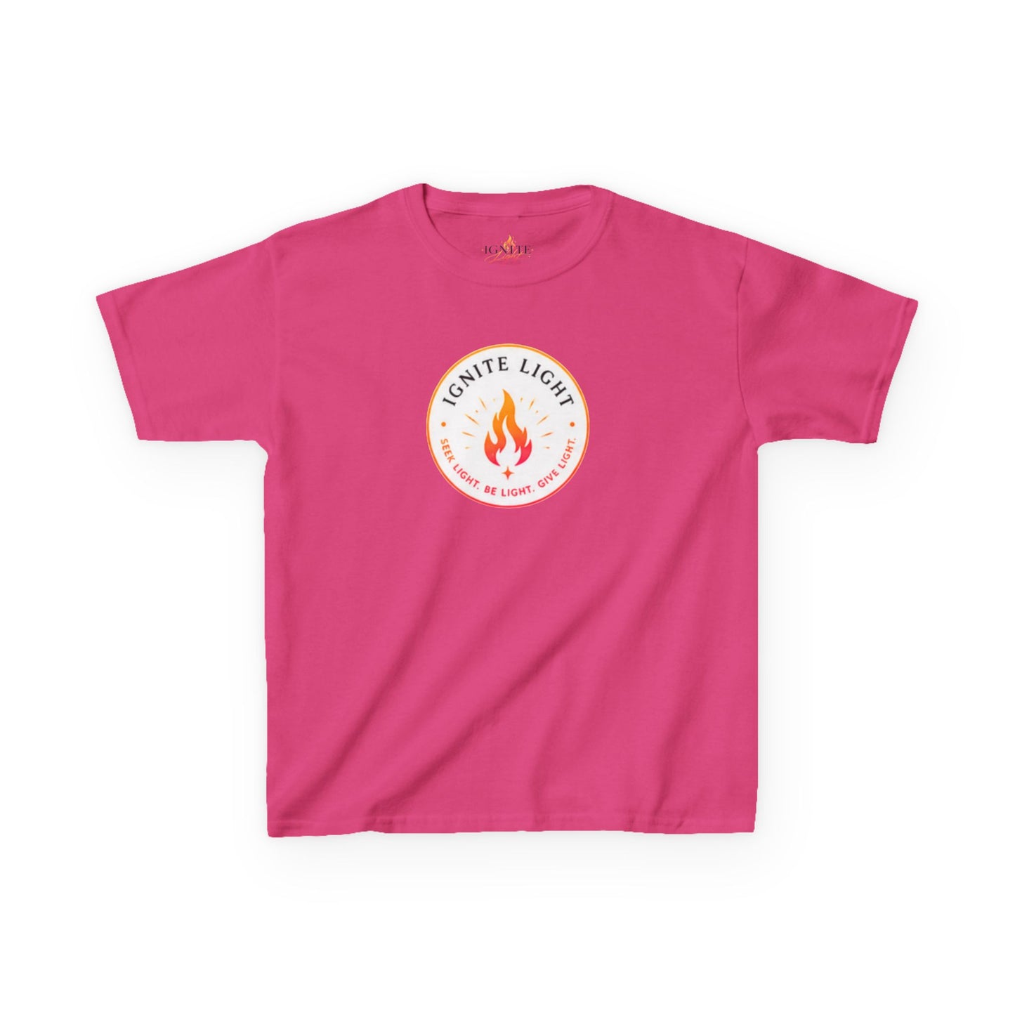 Kids T‑Shirt — "Ignite Light" Flame Graphic Tee | Stay Lit Back Design, Inspirational Youth Shirt