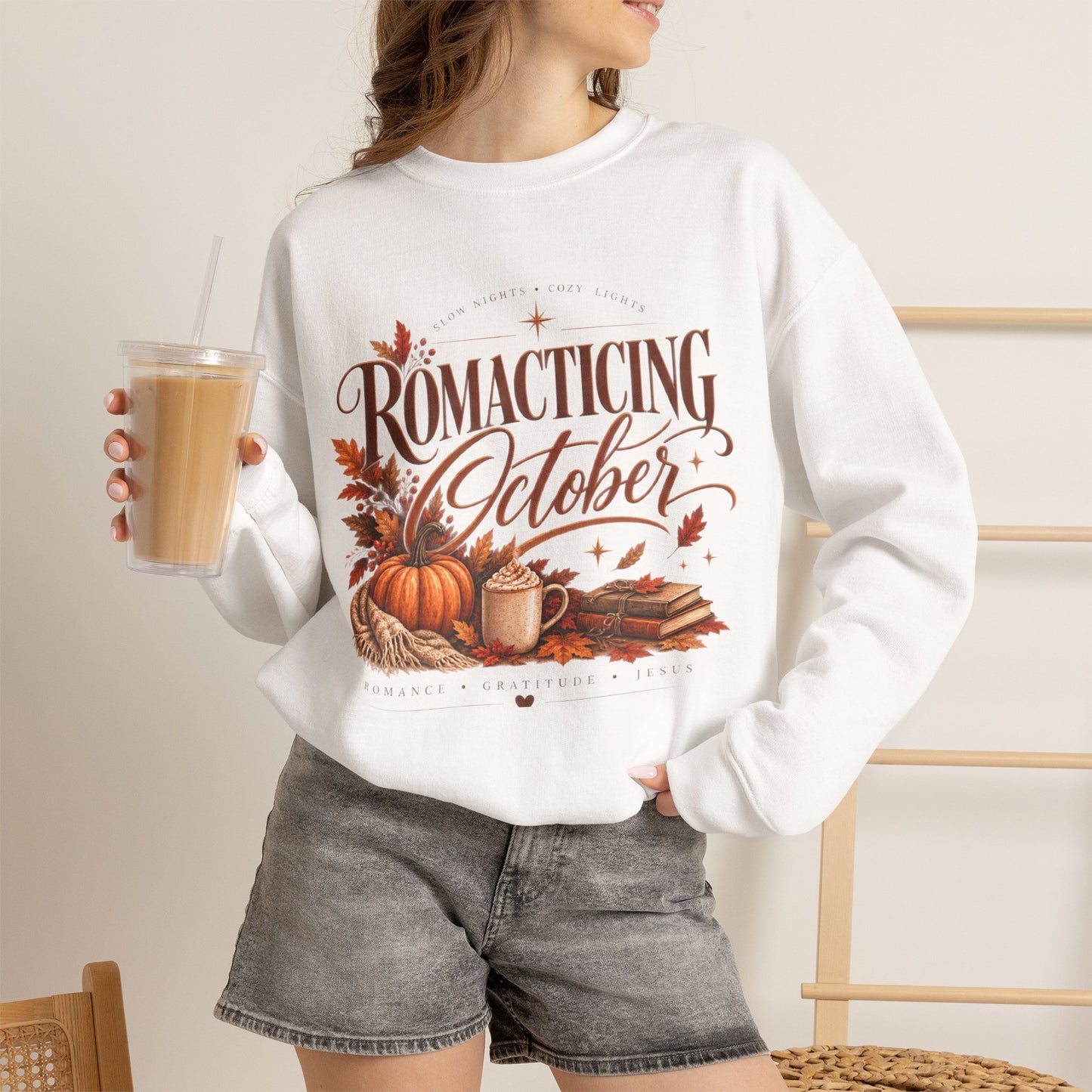 October Romance Sweatshirt — "Romanticizing October" Autumn Pumpkin Cozy Crewneck