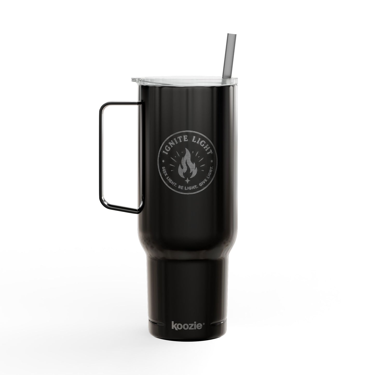 Engraved 40oz Insulated Tumbler with Handle & Lid — 'Ignite Light' Campfire Logo
