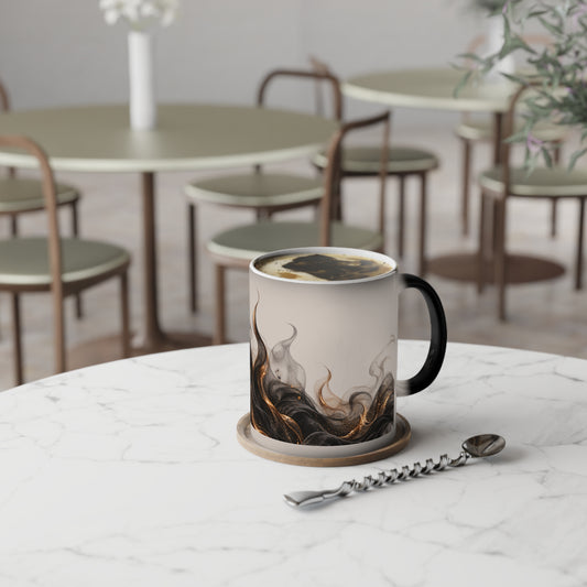 A ceramic coffee mug with a black handle and a marbled smoke design in black, brown, and gold on a cream background, sitting on a marble table in a cafe setting.
