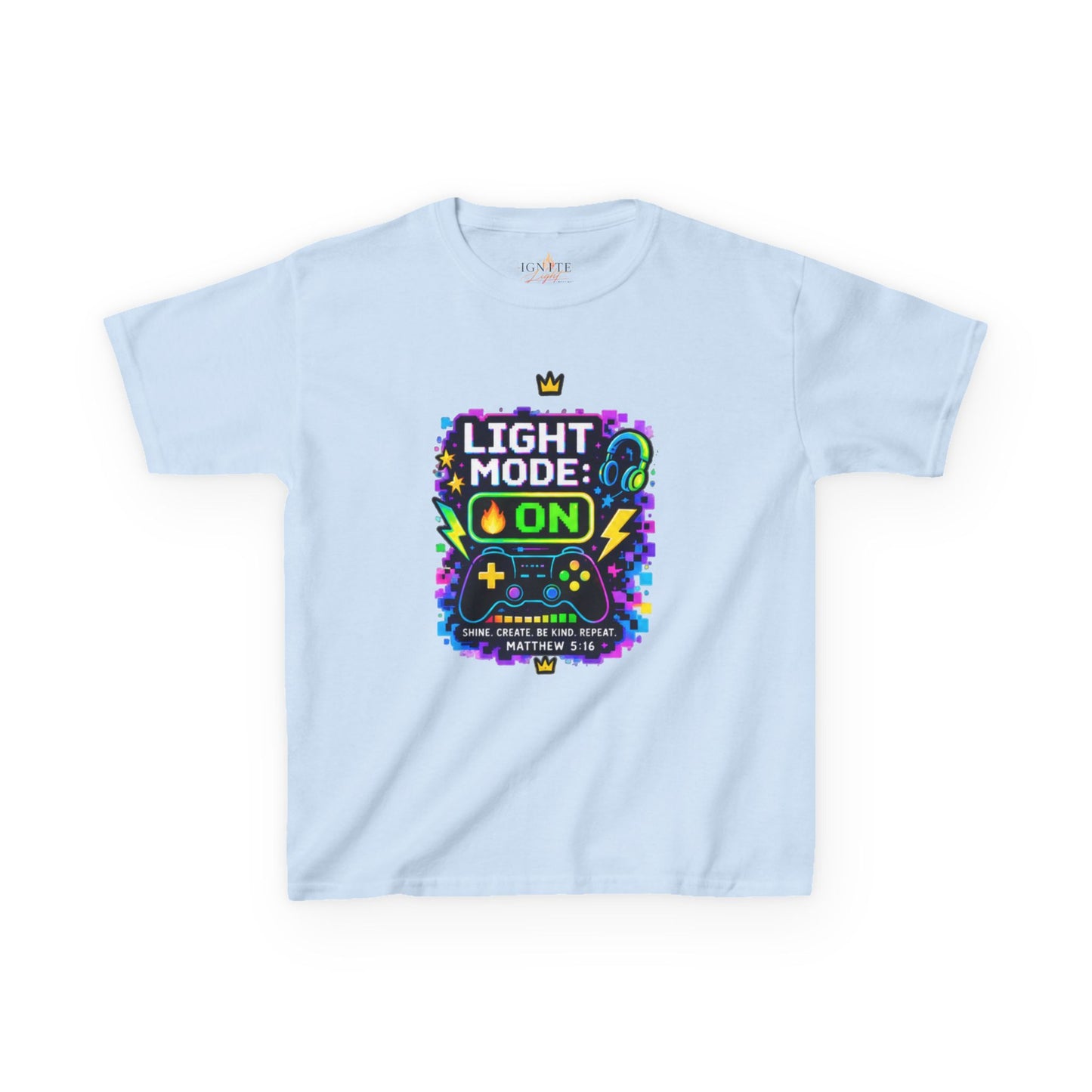 Kids Tee — 'Light Mode On' Neon Gamer Graphic Shirt