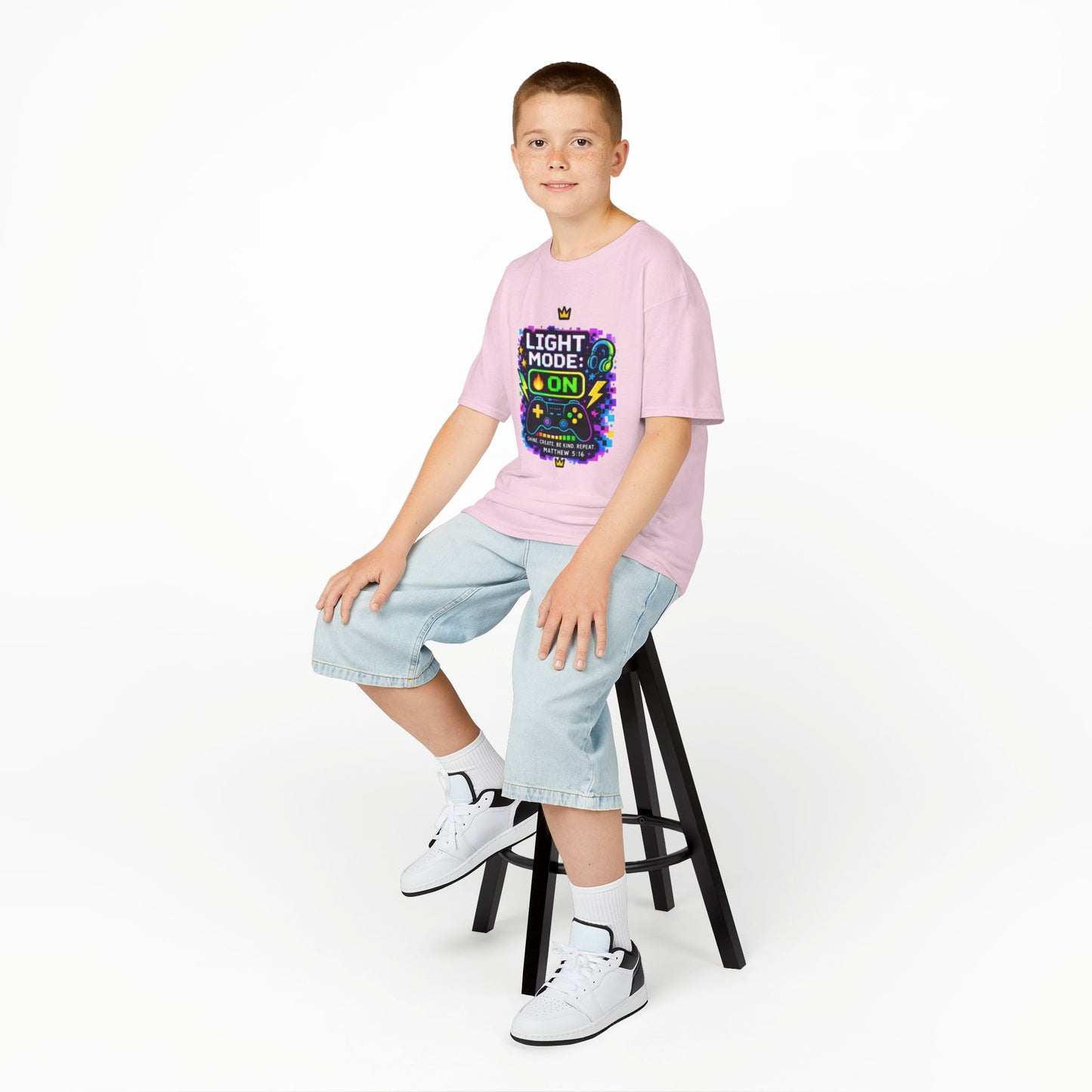 Kids Tee — 'Light Mode On' Neon Gamer Graphic Shirt