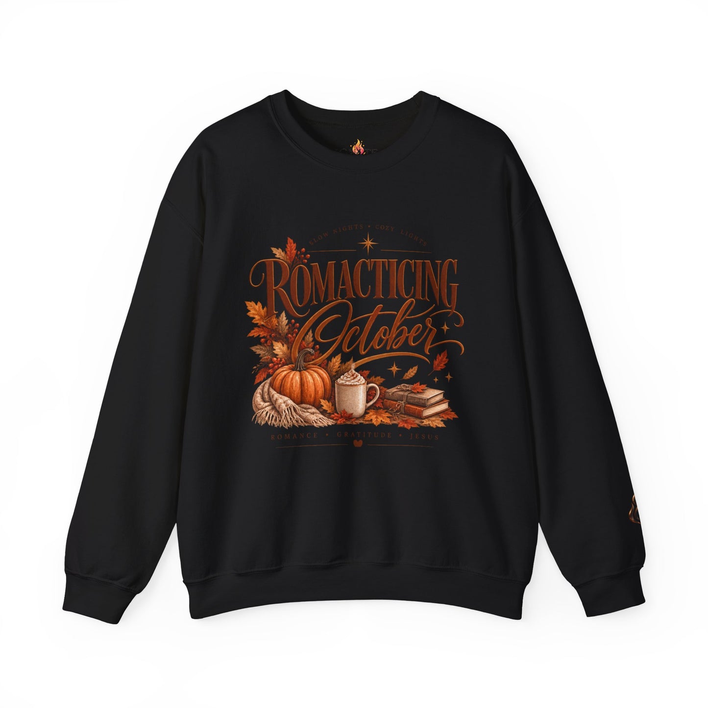 October Romance Sweatshirt — "Romanticizing October" Autumn Pumpkin Cozy Crewneck