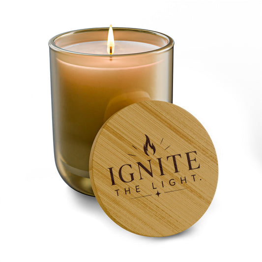 Engraved 14oz Scented Soy Candle — "Ignite the Light" Wooden Lid