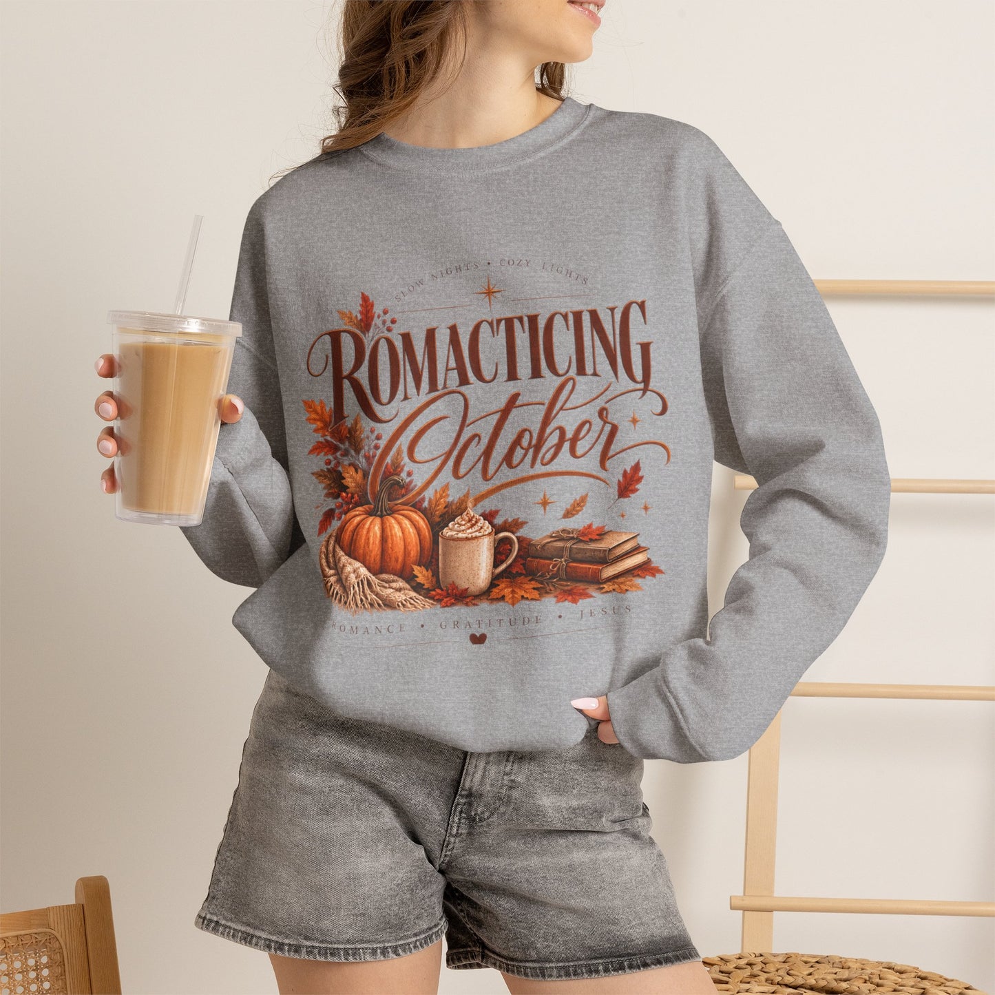 October Romance Sweatshirt — "Romanticizing October" Autumn Pumpkin Cozy Crewneck