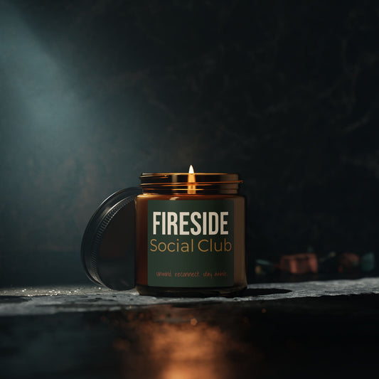 Fireside Social Club Scented Soy Candle — Amber Jar (Woodsmoke, Vetiver, Dry Citrus)
