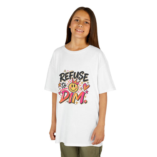 Kids T-Shirt — "Refuse to Dim" Smiley Graphic Tee, Positive Vibes Kids Shirt