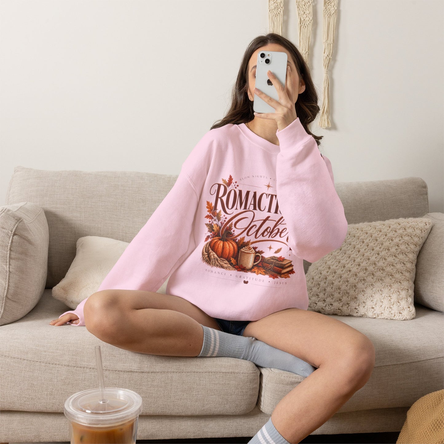 October Romance Sweatshirt — "Romanticizing October" Autumn Pumpkin Cozy Crewneck