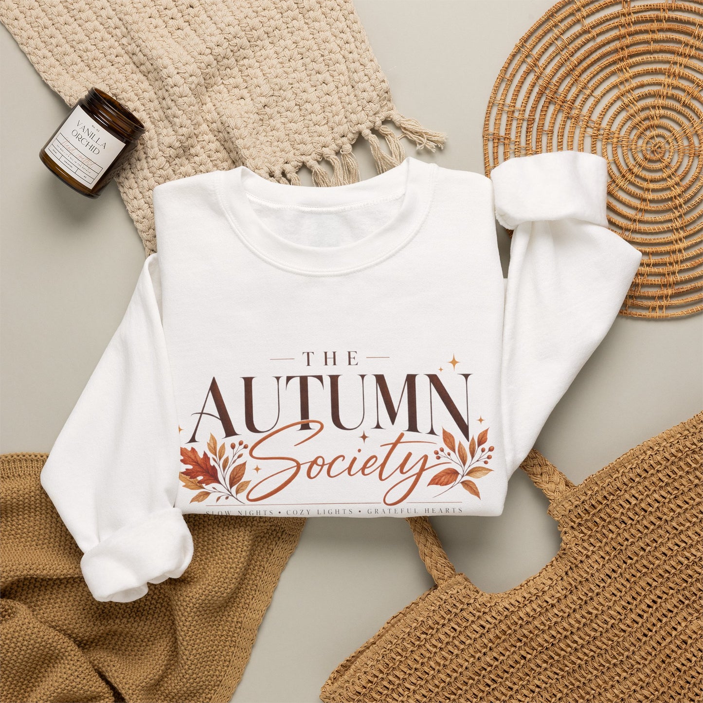 Autumn Society Sweatshirt — Cozy Fall Crewneck with Leaf Motif