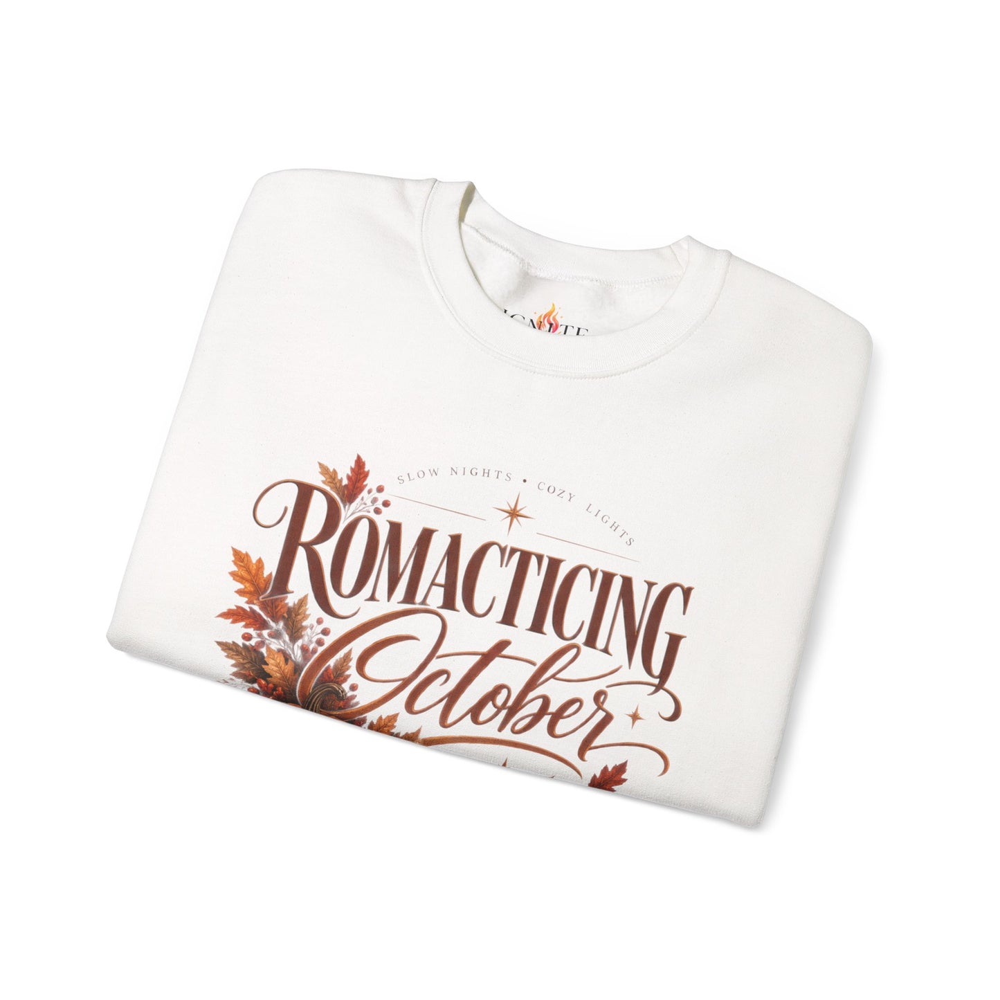October Romance Sweatshirt — "Romanticizing October" Autumn Pumpkin Cozy Crewneck