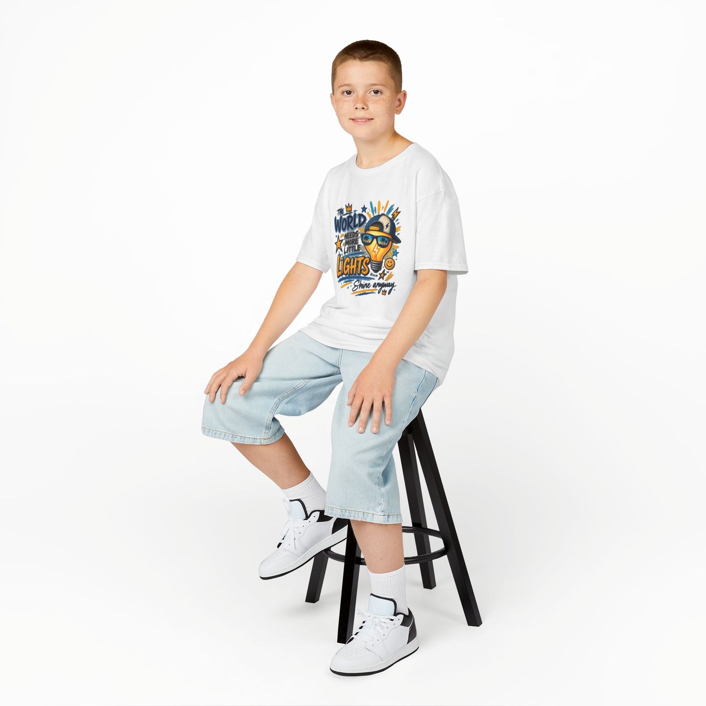Kids T‑Shirt — "The World Needs More Little Lights" Cute Sunglasses Lightbulb Graphic