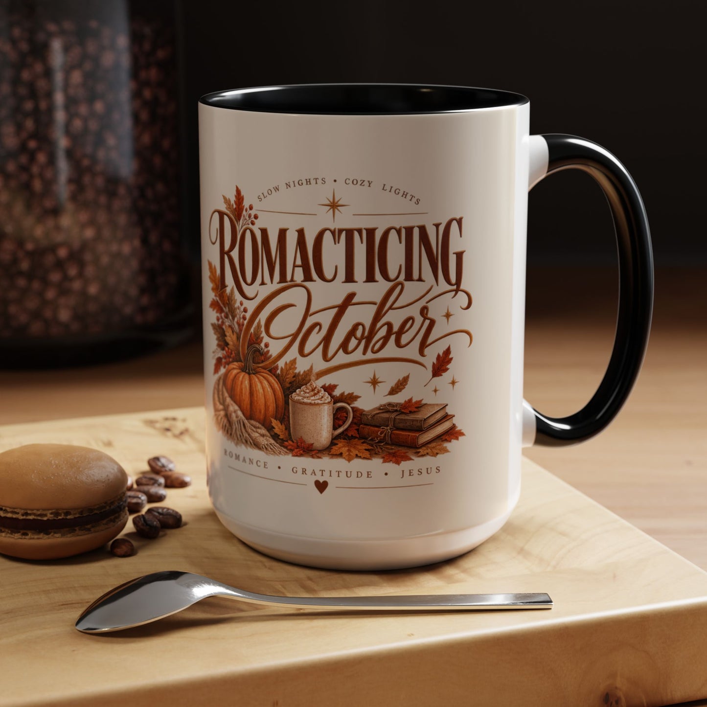 Romancing October Coffee Mug – Fall Pumpkin, Leaves & Cozy Autumn Vibes (11/15oz)